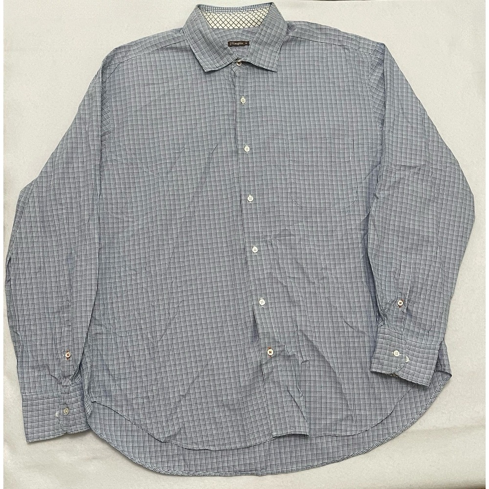 J. McLaughlin Men's XL Blue Check Button Front Shirt 100% Egyptian Cotton